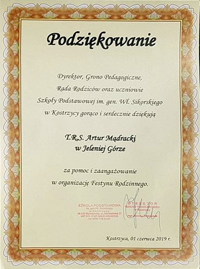 Dyplom - SP Kostrzyca - TRS Artur Mądracki