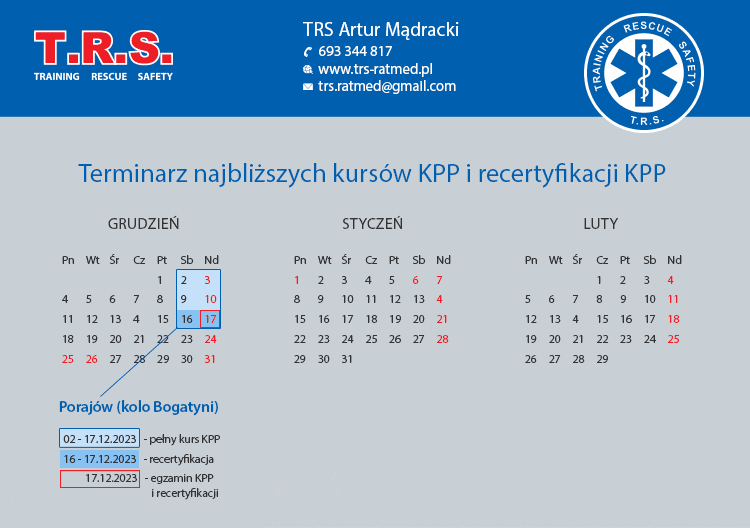 Kalendarz z terminami kursów KPP na listopad, grudzień 2023 - Jelenia Góra - TRS Artur Mądracki